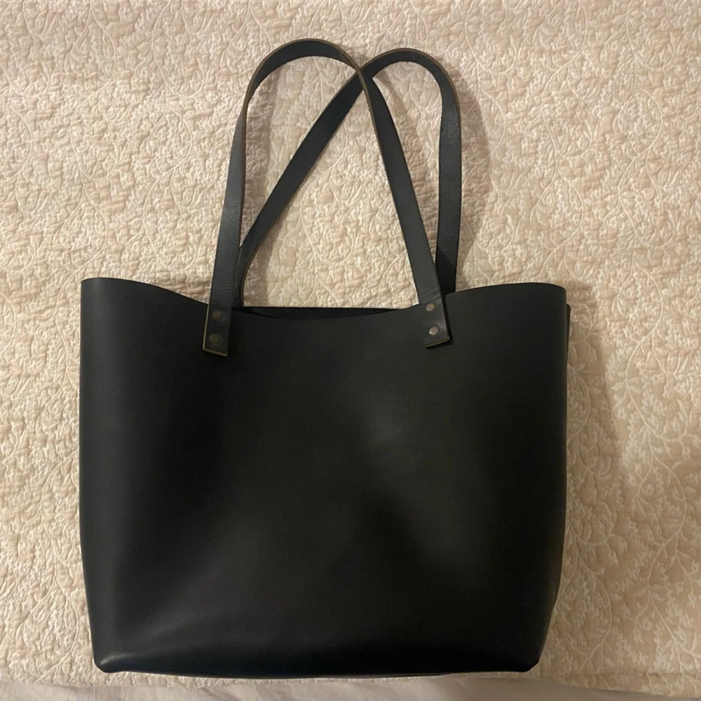Classic Black Leather Tote Bag - Unbranded